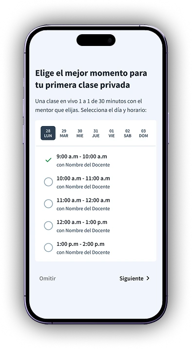 Day and time picker with the selection ready to continue