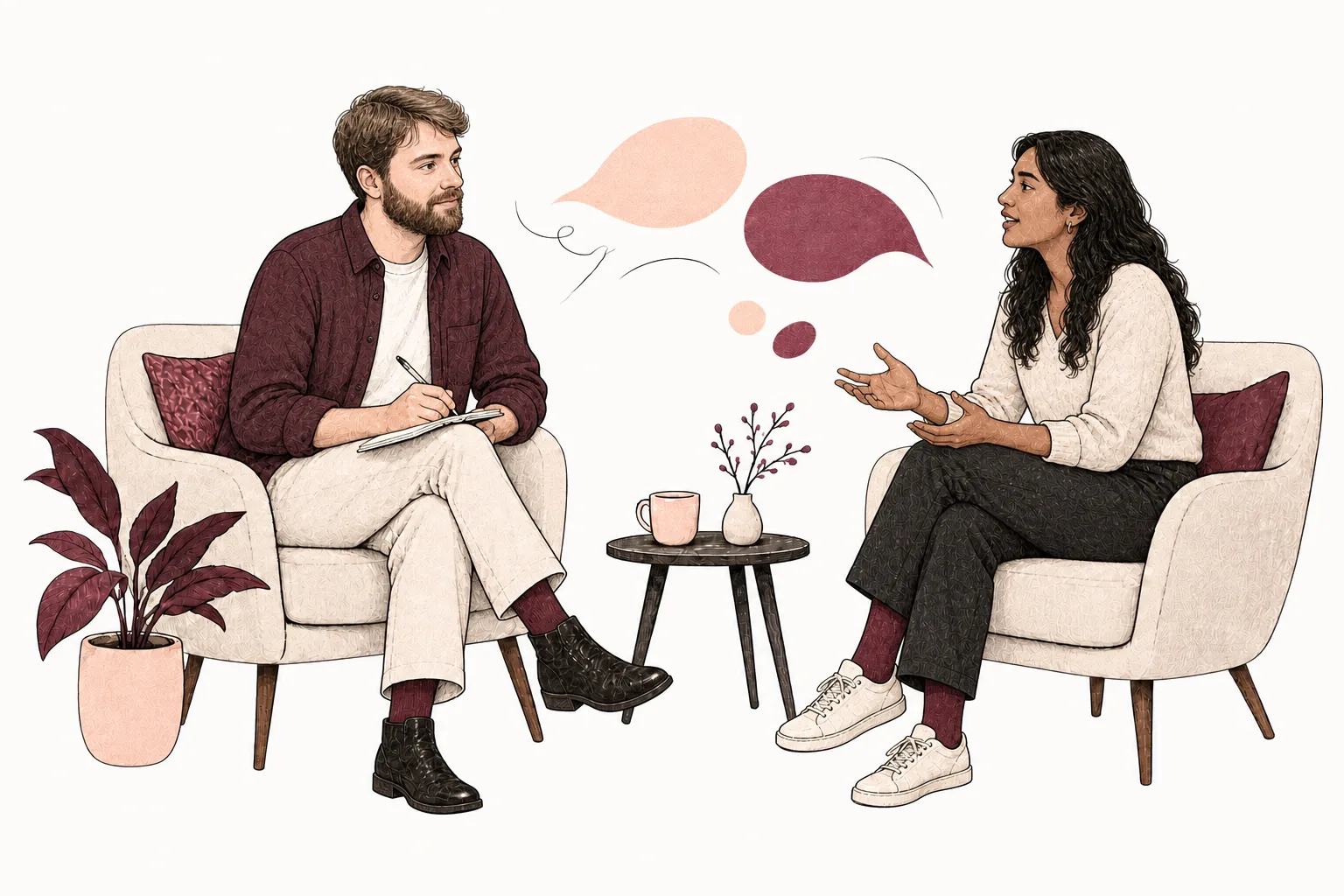 A thoughtful research interview between two people