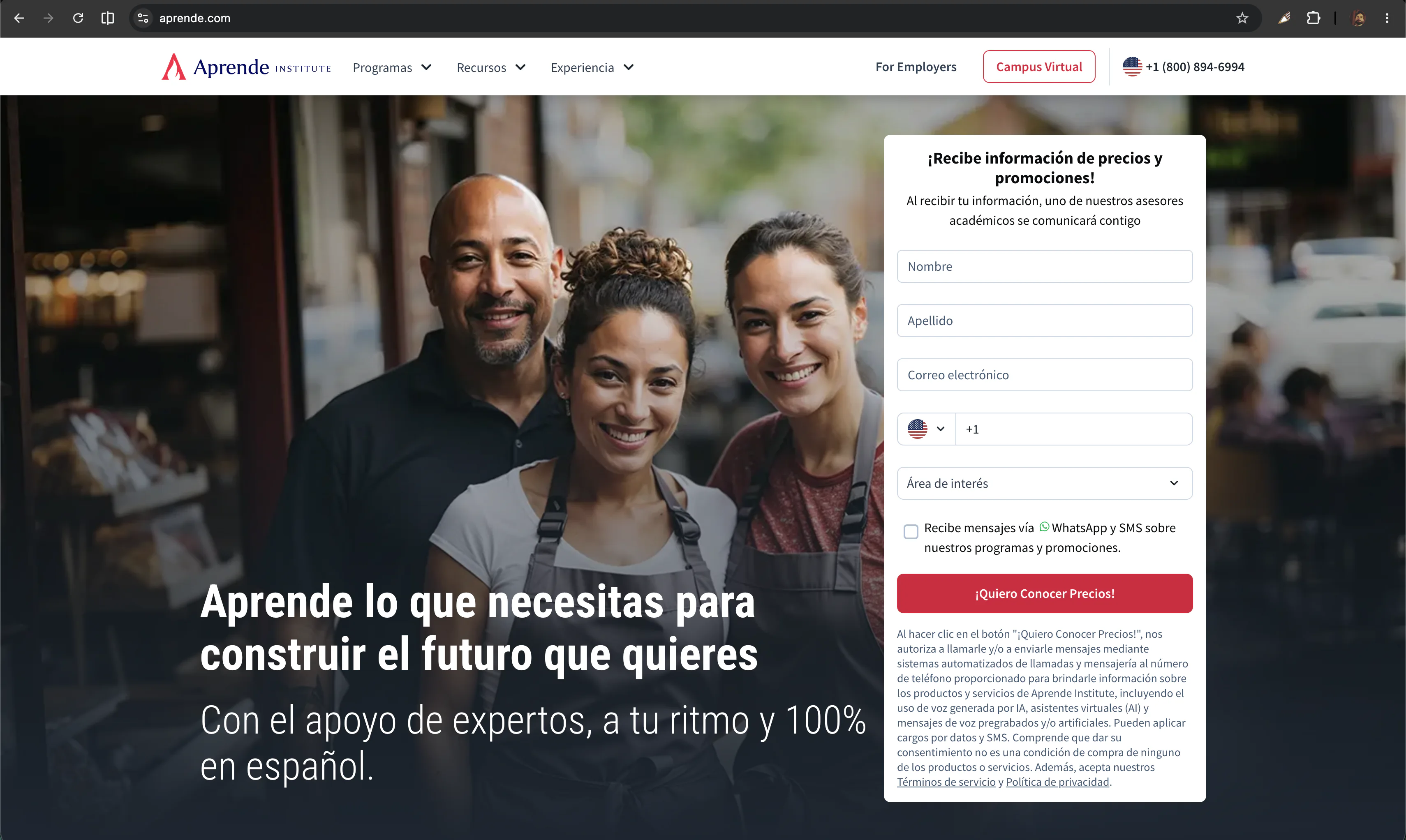 Original Aprende Institute page with the long contact form